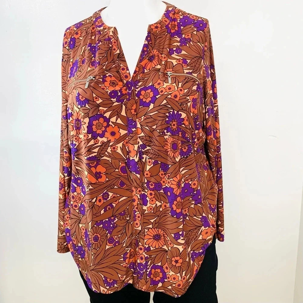 Inc Blouse Top Woman 3X Pop Over Knit Stretch Long Sleeve Floral Colorful Boho